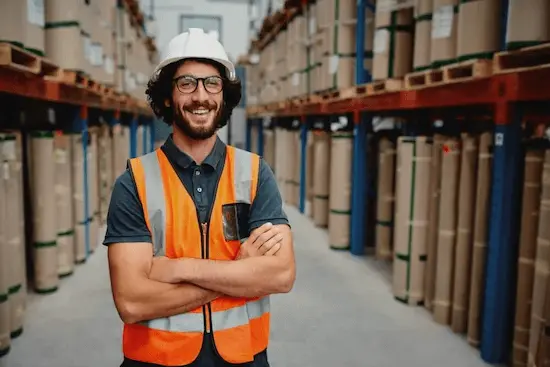 3PL Warehouse Worker obeying workplace regulations with hard hat and safety vest